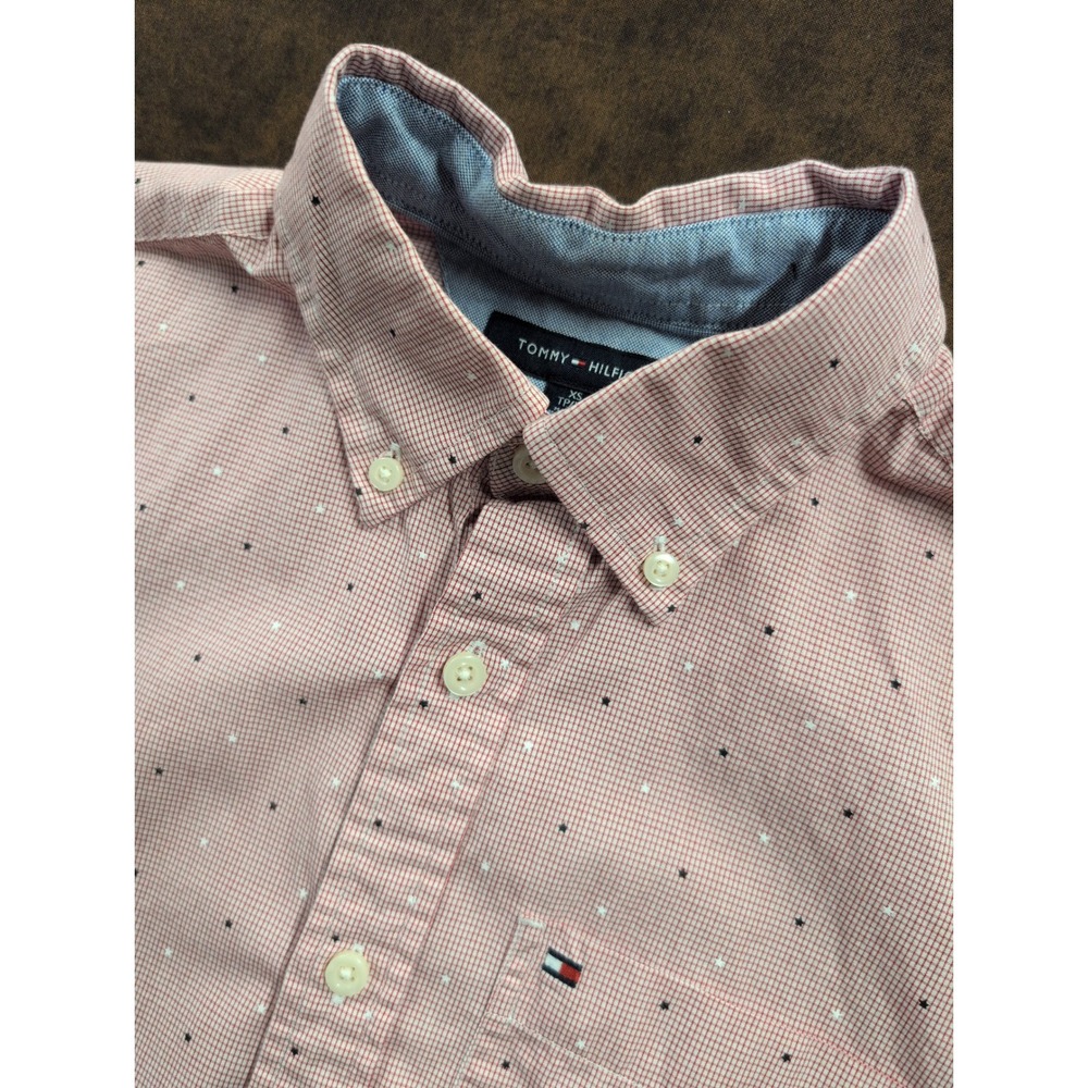 Tommy Hilfiger Mens XS Custom Star Micro Check Short Sleeve Button Down Shirt